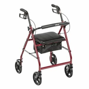 WALKER, ROLLATOR 4WHEEL FOLD-UP REMVBL BACK SUP RED 33"-38"