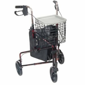 WALKER, ROLLATOR 3WHEEL ALUM WBASKET/TRAY/POUCH RED