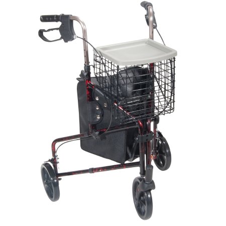 WALKER, ROLLATOR 3WHEEL ALUM WBASKET/TRAY/POUCH RED